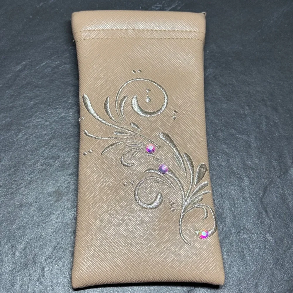 Tan Faux Leather Squeeze Top Glasses Case‎ Silver Floral Embroidery Rhinestones